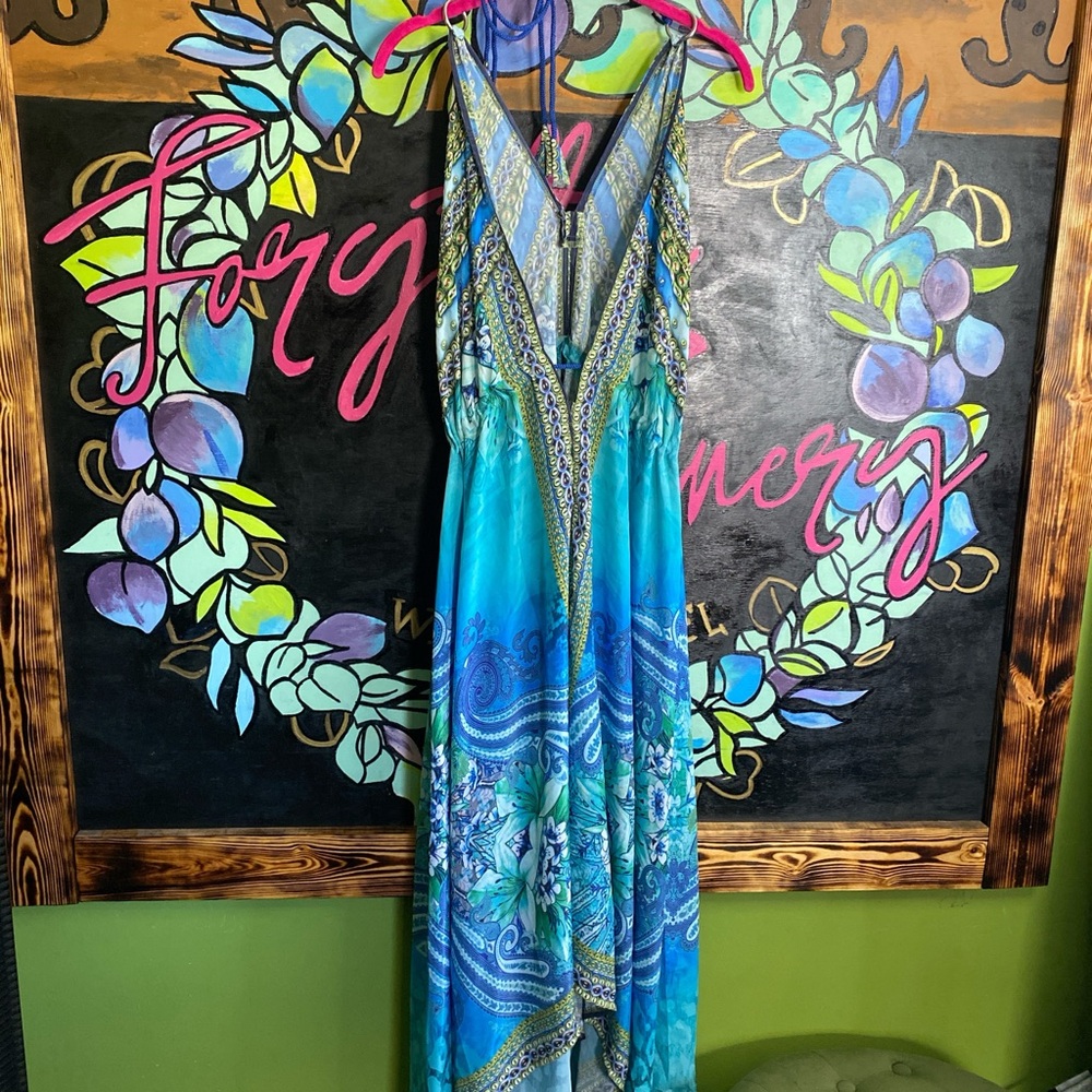 Blue and green silky halter maxi dress with rhinestone details one size NWT - Picture 3 of 3